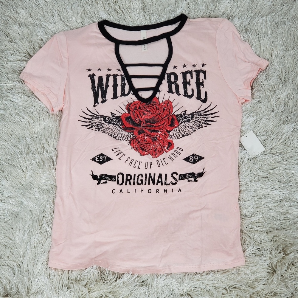 Women's Top T-Shirt Pink WILD FREE Print Size L